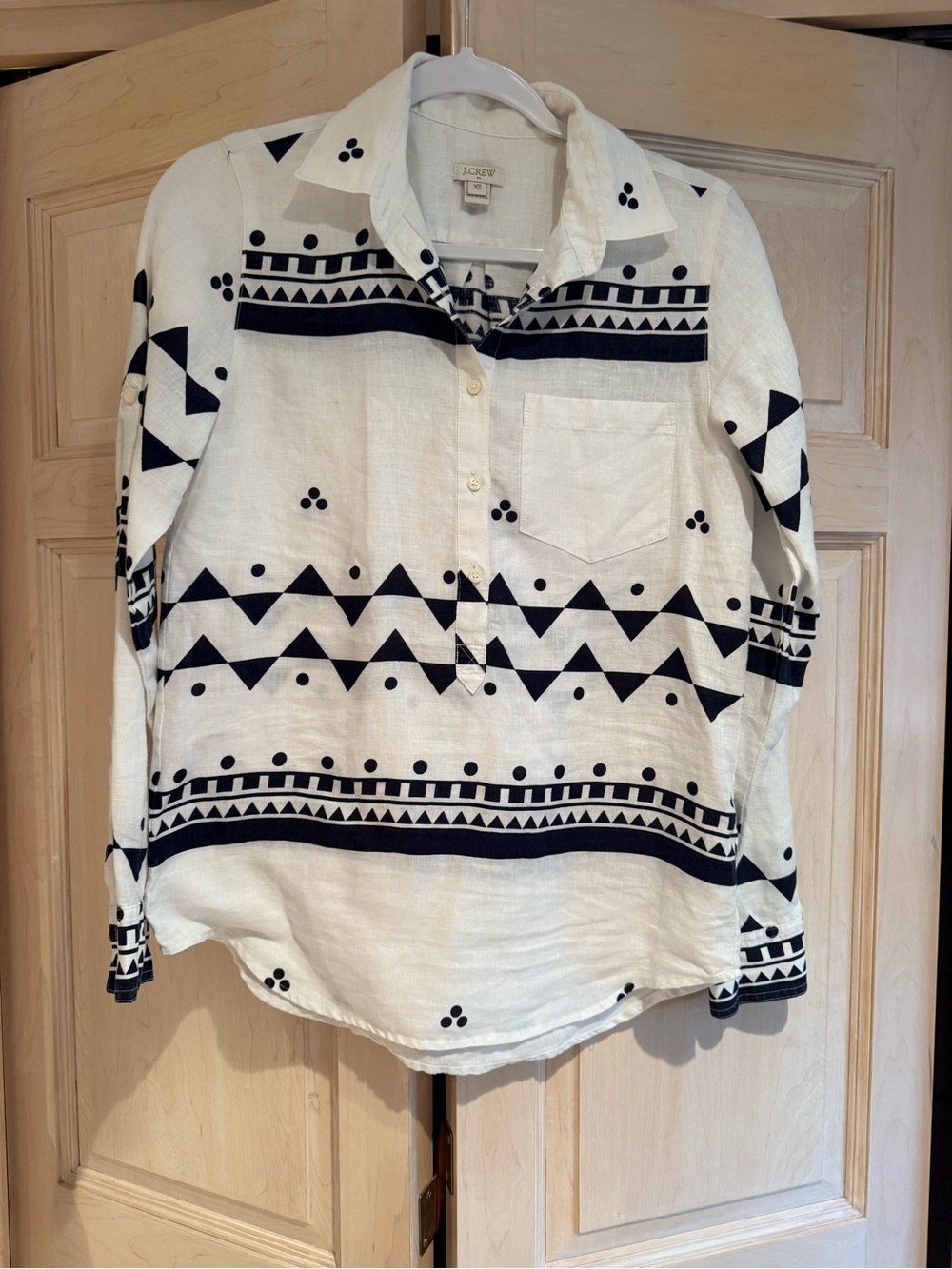 J. Crew White Button-Down Shirt with Blue Geometric Print